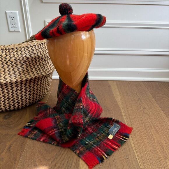 Vintage Royal Stewart Scotland Red Plaid Wool Beret Hat and Scarf - Picture 1 of 7